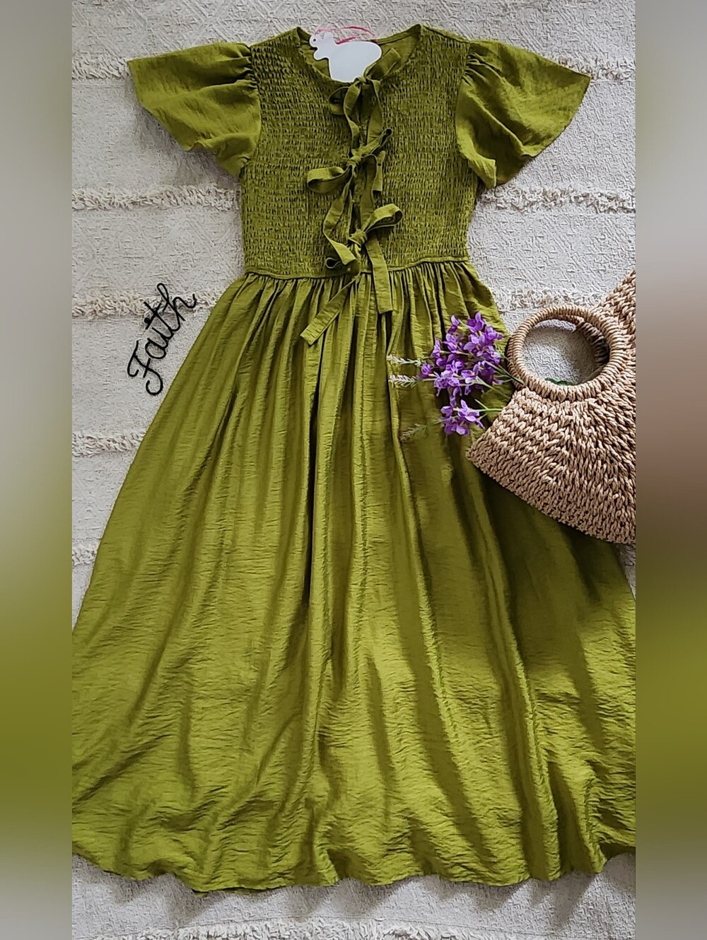 Olive Green Smocked Sundress with Tie Front
